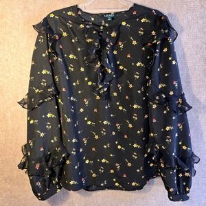 Lauren Ralph Lauren Black Floral  Ruffle Front Long Ruffled Sleeve Blouse XL